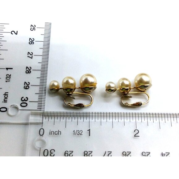 Vintage Gold-Tone Triple Faux Pearl Clip-On Earrings by Sarah Cov - Picture 5 of 5
